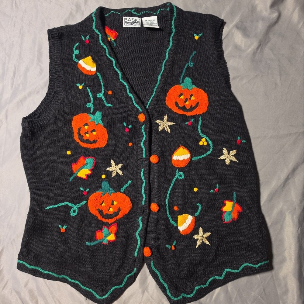 Vtg 90s Basic Editions Halloween Sweater Vest Womens Medium Black Pumpkins Candy